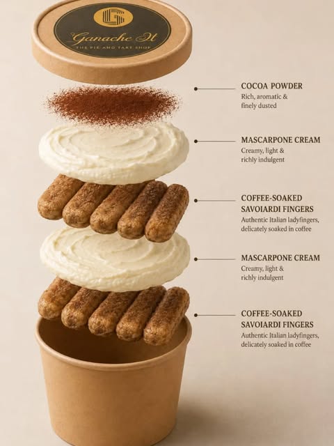 Tiramisu, layer by layer — cocoa powder, mascarpone cream, coffee-soaked Savoiardi fingers